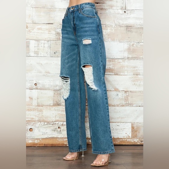 High Rise Wide Leg Distressed Denim Jeans - Picture 5 of 6